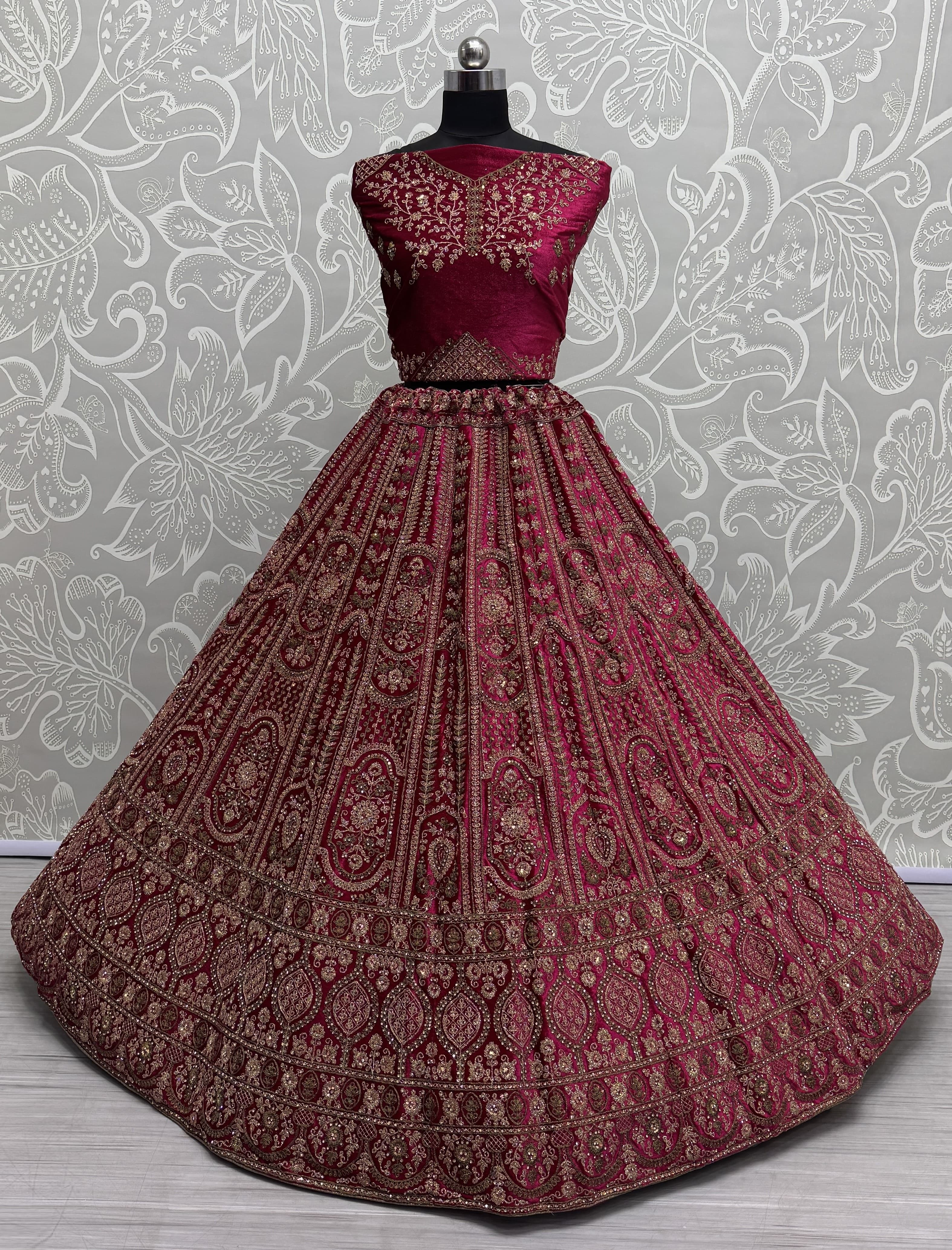 Double dupatta combine Velvet Red Lehenga choli in Dori work